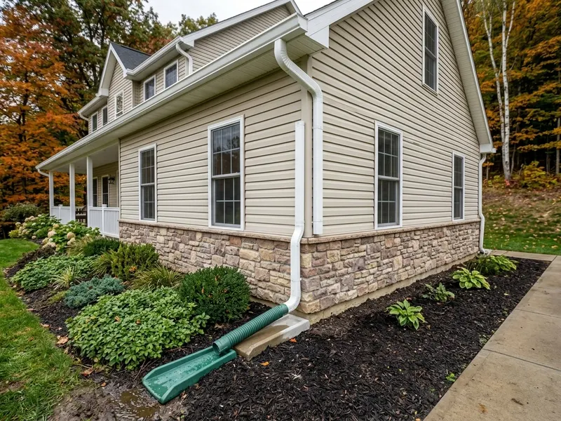 Downspout and extension routing roof runoff away from a home's foundation